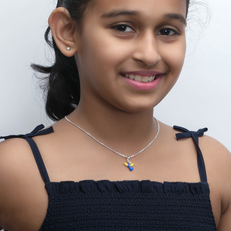 Child wearing Kids Dolphin Silver Pendant Necklace with Cute Ocean Theme