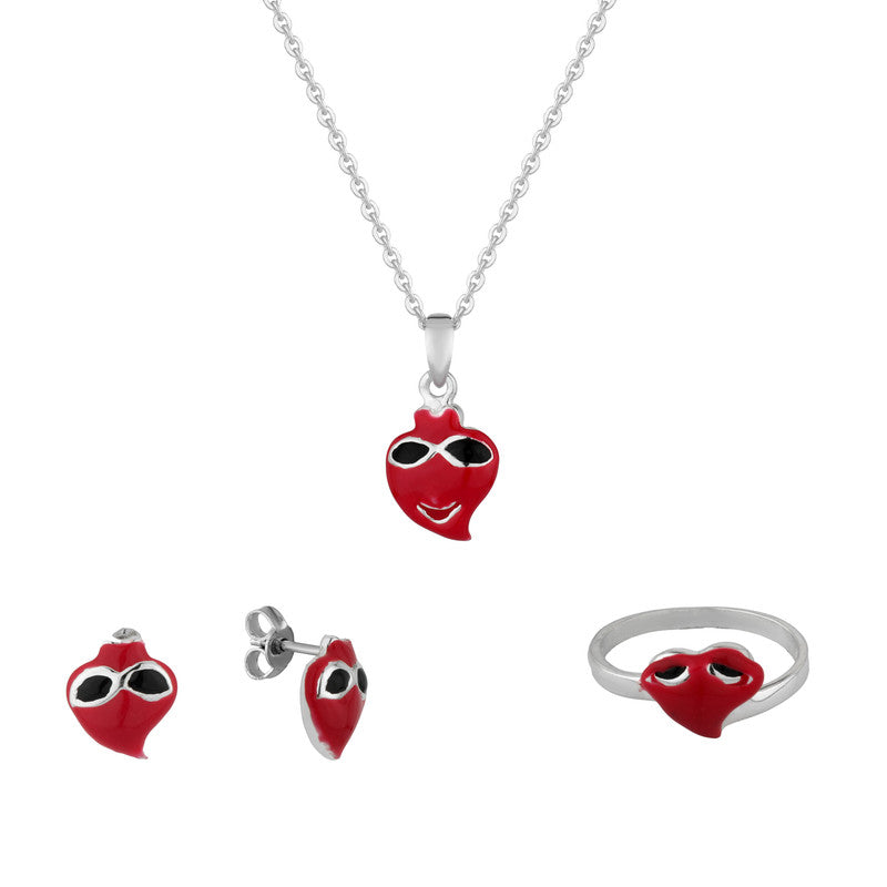 Kids Red Leaf Jewelry Set in 925 Silver with Red Enamel Pendant Necklace and Earrings