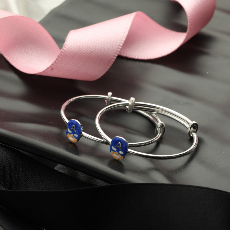 Captain America shield charm detail on Kids Silver Kada in 925 Sterling Silver