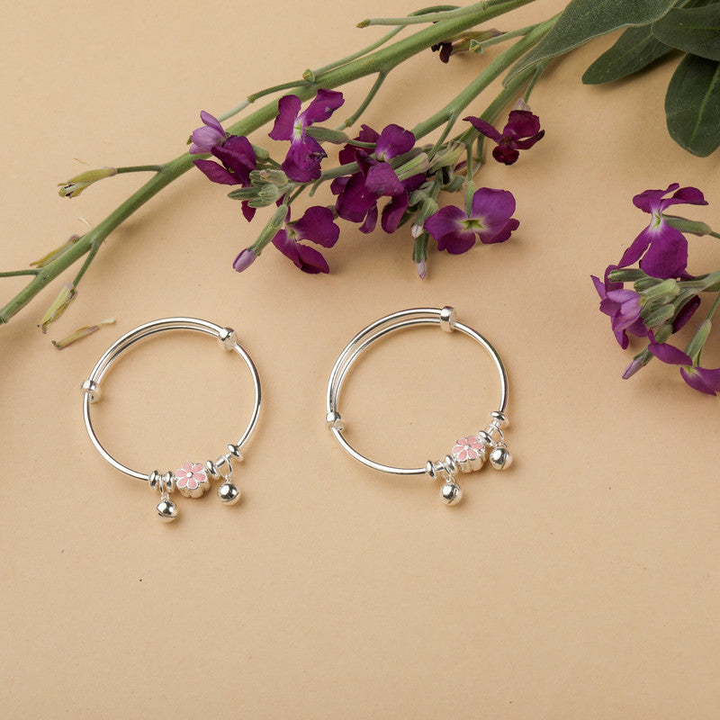 Flower charm detail on Kids Silver Kada in 925 Sterling Silver