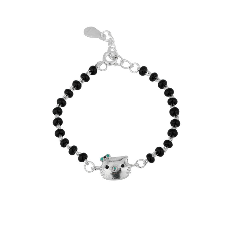 Kids Silver Kitty Nazariya in 925 Sterling Silver with Black Beads and Kitty Charm