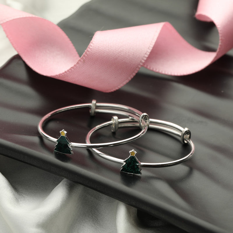 Kids Silver Tree Kada with Tree Charm styled on fabric background