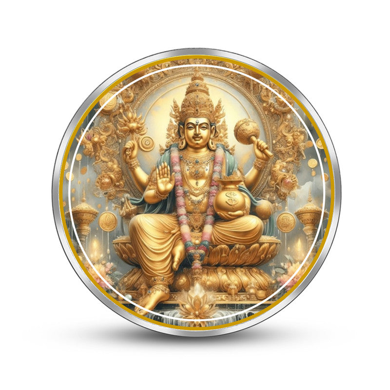 Kuber Ji Yantra 999 pure silver round coin for Diwali wealth and prosperity.