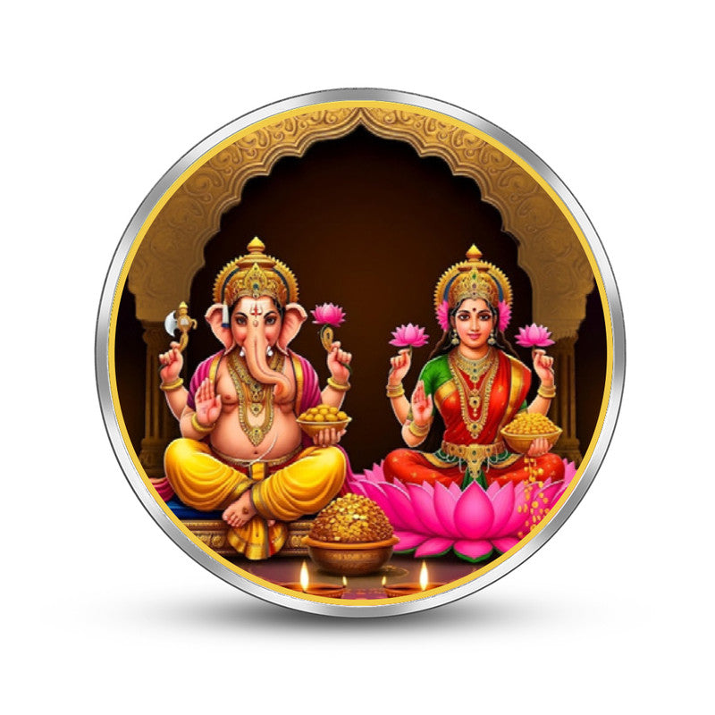Lakshmi Ganesh Ji 999 pure silver coin round shape for Diwali wealth and prosperity.