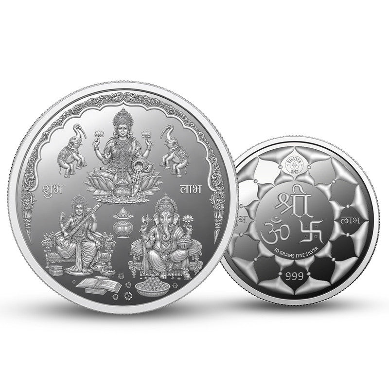 Lakshmi Ganesh Saraswati Ji 999 Pure Round Silver Coin Front and Back