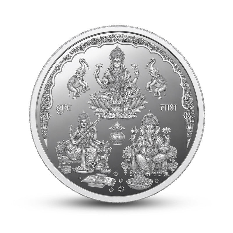 Lakshmi Ganesh Saraswati Ji 999 Pure Silver Coin Front Design