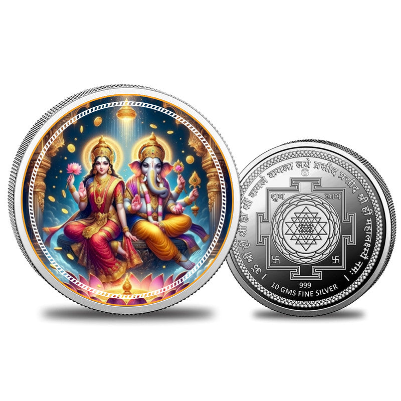 Laxmi Ganesh Ji 999 pure silver coin round shape for Diwali, puja, and festive gifting.