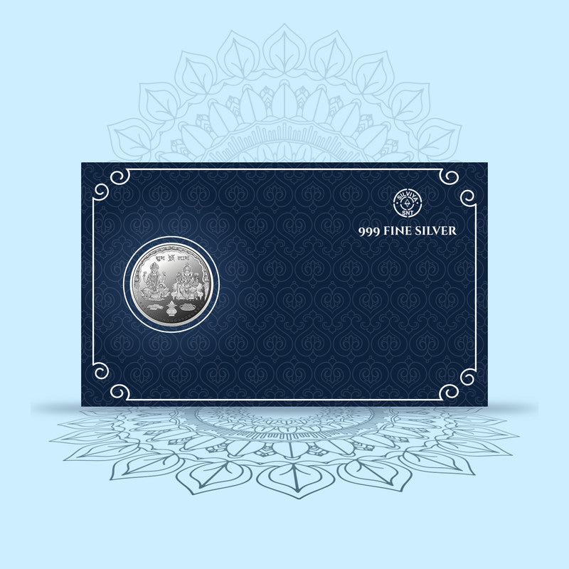 Goddess Laxmi and Lord Ganesha 999 pure silver round coin for Diwali, wealth, prosperity, and festive gifting.