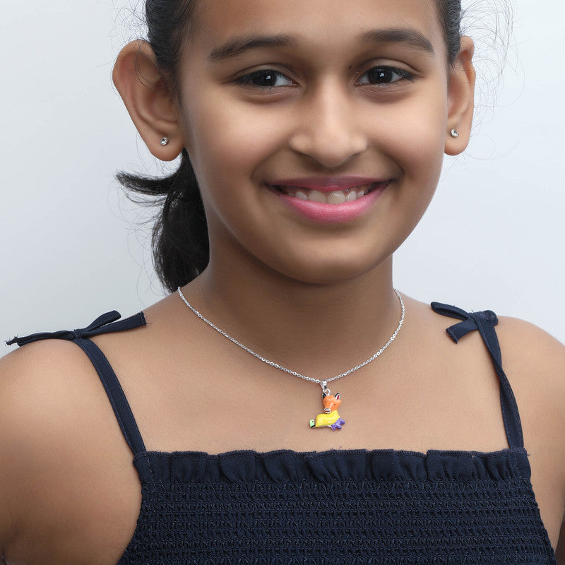 Child wearing Lucky Cow Silver Pendant Necklace for Kids