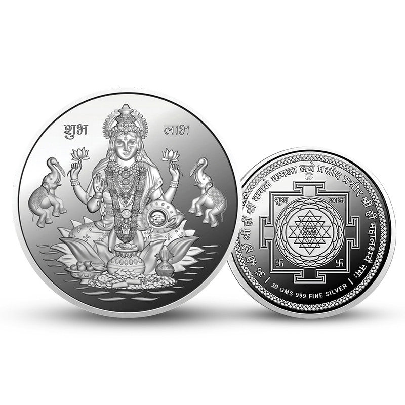 Maha Lakshmi with Yantra 999 pure silver round coin for Diwali blessings and prosperity.