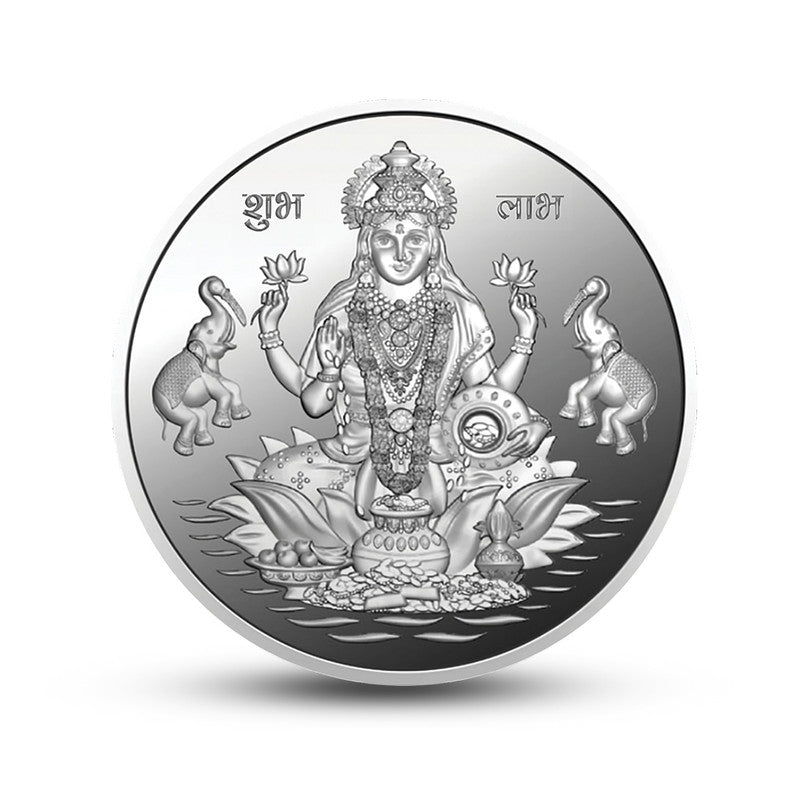Maha Lakshmi with Yantra 999 pure silver round coin for Diwali blessings and prosperity.