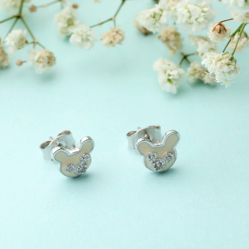 Kids Mickey Mouse Earrings in 925 Silver styled on fabric background