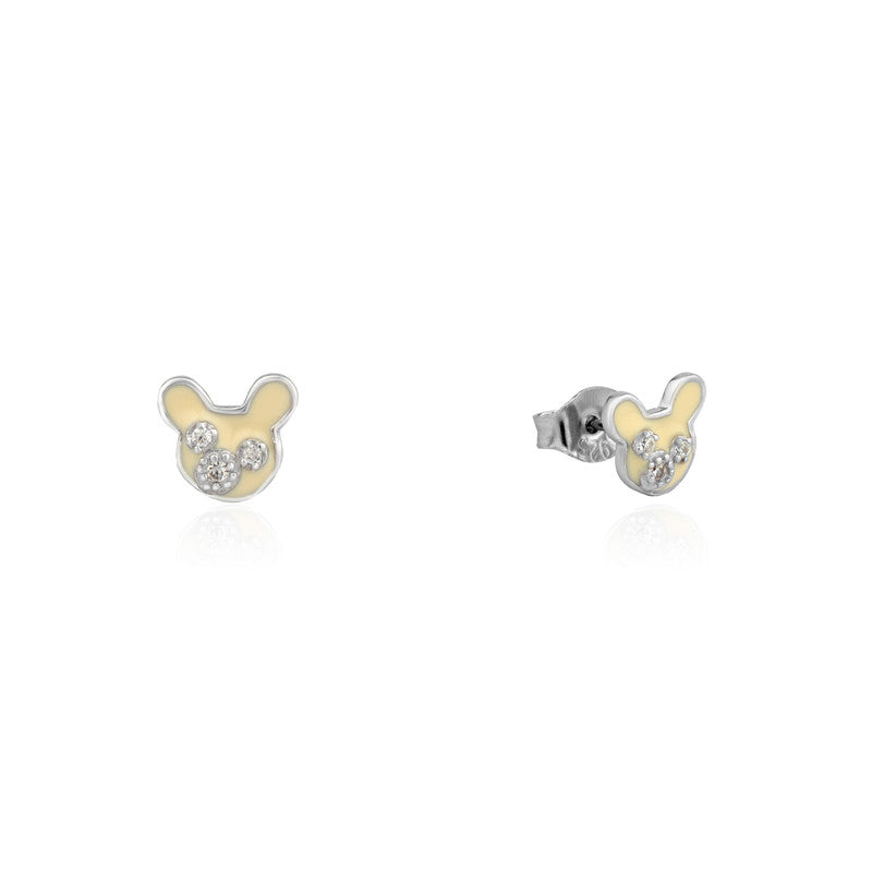 Close-up of Mickey Mouse Silver Earrings for Kids with Enamel Detailing