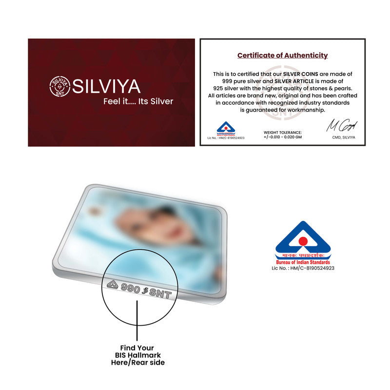 Authenticity certificate for square 999 pure silver new born baby boy coin.