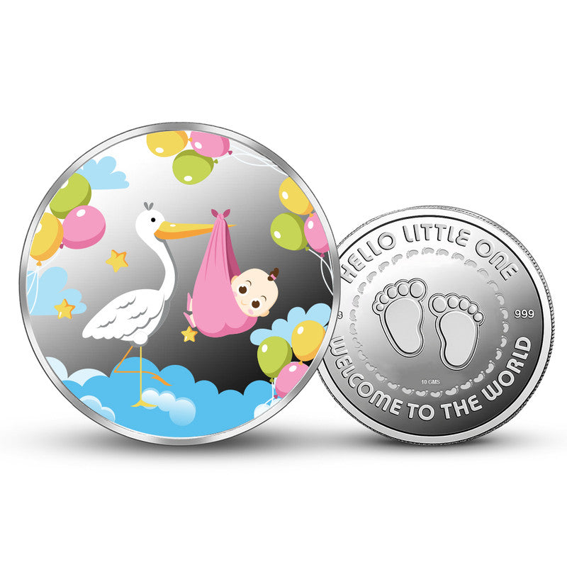 Newborn 999 Pure Silver Round Coin Bird and Baby Girl Design Front and Back