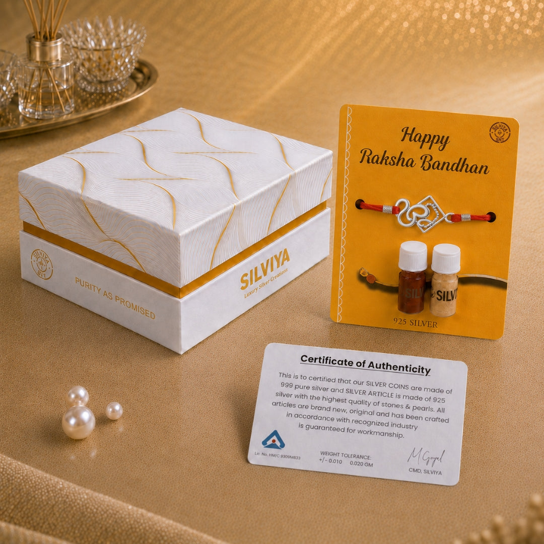 Premium Silviya gift box packaging for Silver Om Cum Pendant Rakhi – ideal 925 silver Raksha Bandhan gift for brother