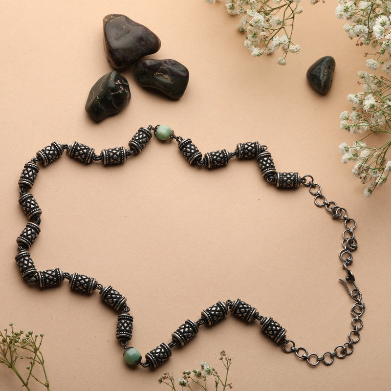 Designer Oxidised Silver Beaded Mala with Ethnic Backdrop – Elegant Silver Necklace for Festivals and Religious Celebrations