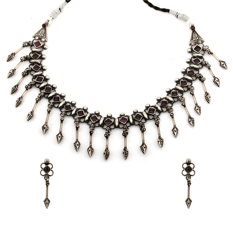 Oxidised silver diamond arrow necklace on white background – stylish festive jewellery gift for Diwali