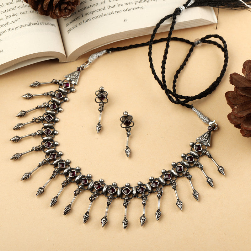 Oxidized Silver Diamond Arrow Necklace displayed on festive prop – perfect Raksha Bandhan and Bhai Dooj gift idea