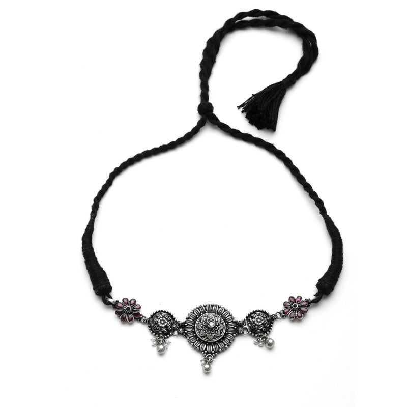 oxidised silver multi flower choker necklace, jewelry design concept, ethnic festive accessory, floral necklace.