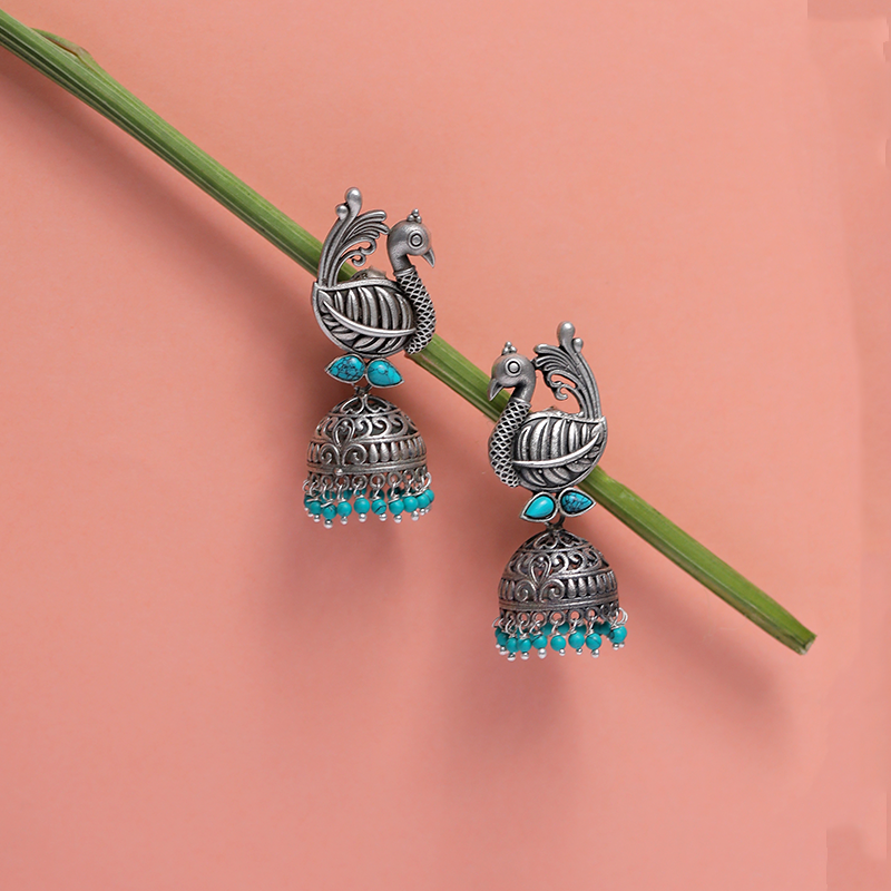 Designer Oxidized 925 Silver Peacock Jhumka with Ethnic Backdrop – Stylish Traditional Earrings for Festive Celebrations