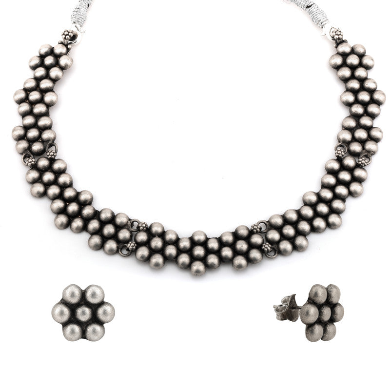 Close-up of Oxidized Silver Ball Flower Necklace pendant – traditional 925 silver festive jewellery