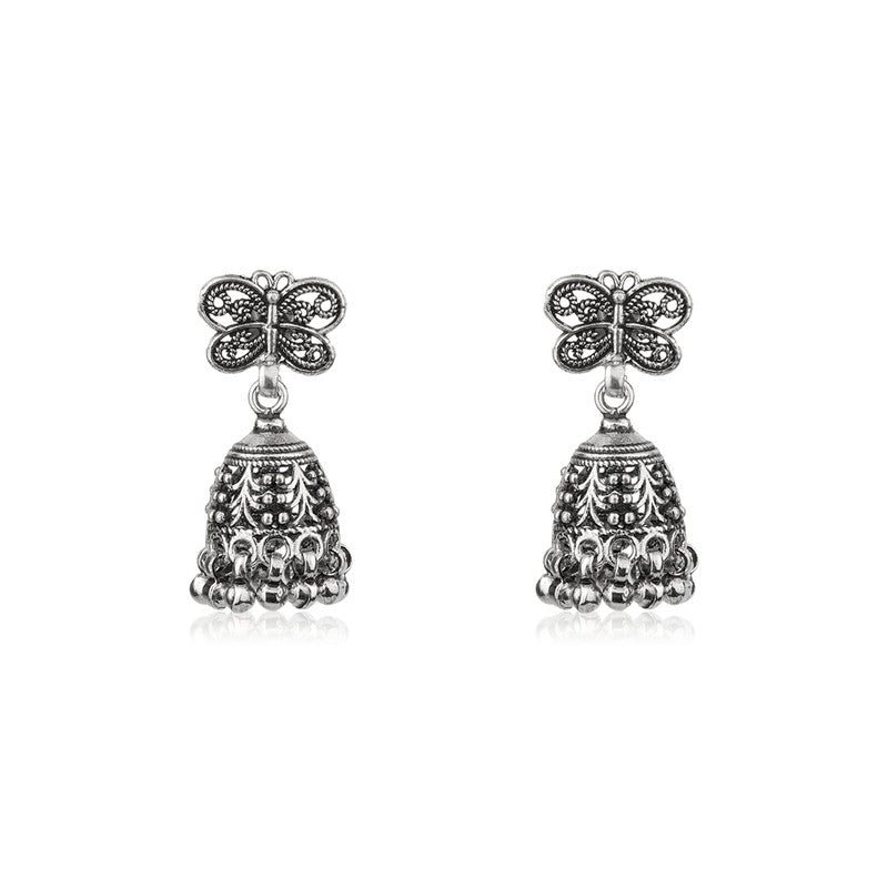 Oxidized Silver Butterfly Jhumka Earrings – Stylish 925 Silver Earrings for Women, Perfect for Festive Wear and Ethnic Outfits