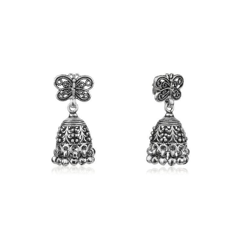 Oxidized Silver Butterfly Jhumka Earrings Close-Up – Intricate 925 Silver Ethnic Earrings for Women’s Festive Jewellery Collection