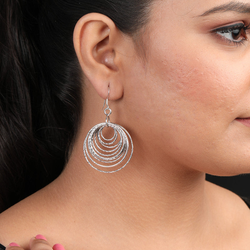 Oxidized Silver Circle Earrings on Model – Stylish Silver Jewellery for Navratri, Diwali and Wedding Outfit Styling