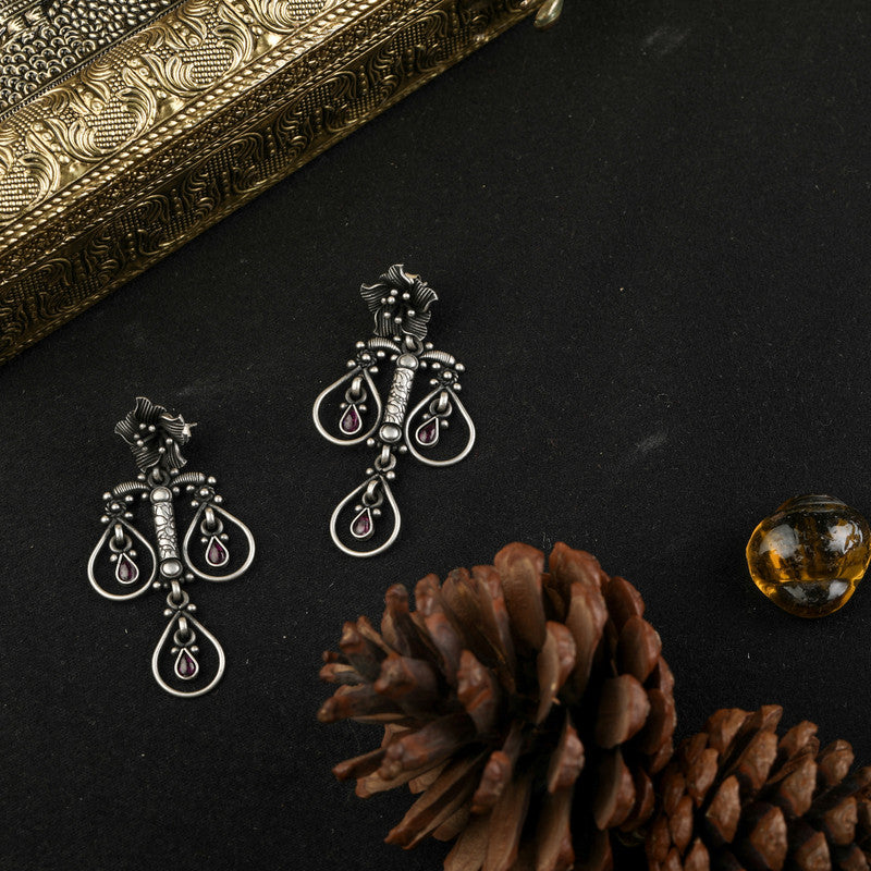 Designer Oxidized Silver Classy Earrings with Ethnic Backdrop – Traditional Silver Jewellery for Festive Celebrations