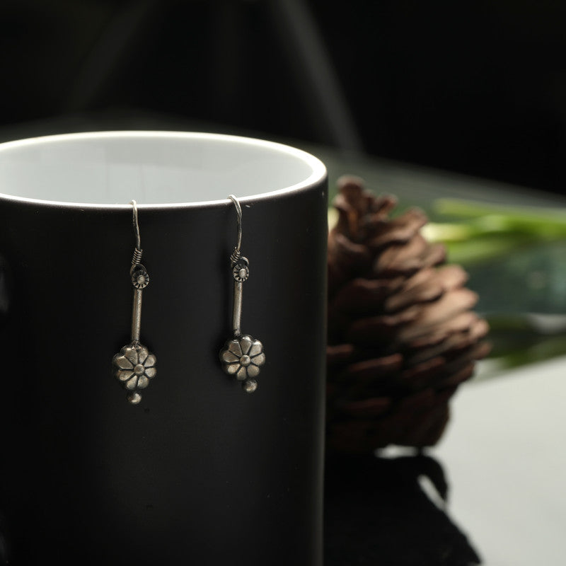 Designer Oxidized Silver Drop Earrings with Ethnic Backdrop – Traditional Silver Jewellery for Festive Celebrations