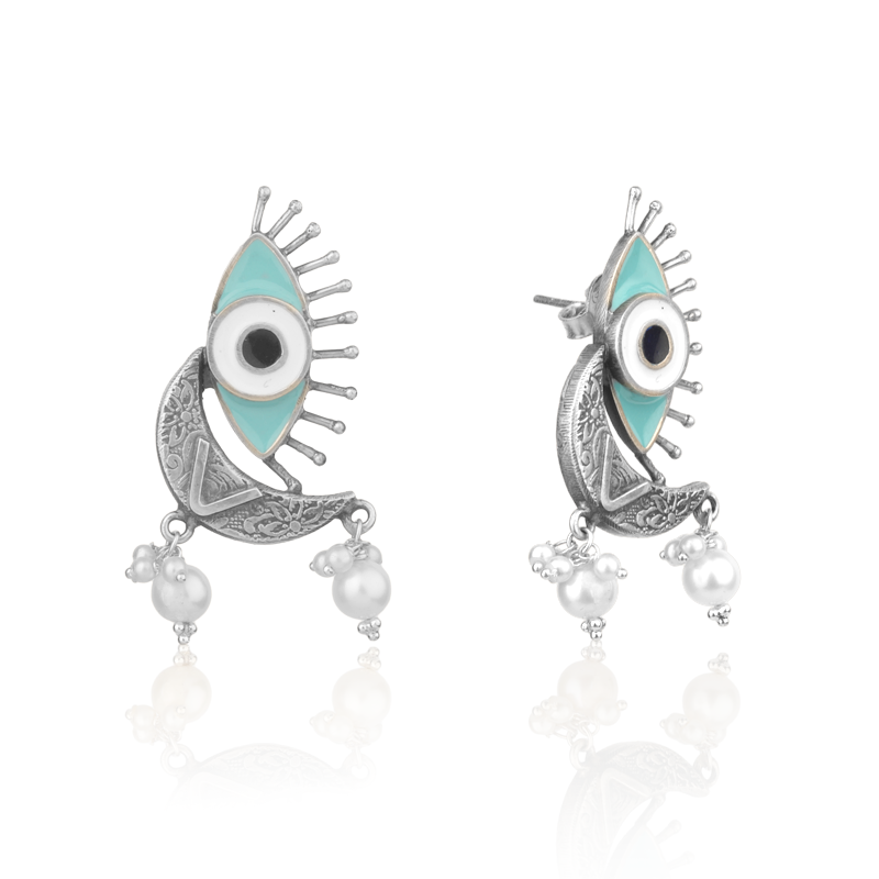 Oxidized Silver Evil Eye Earrings Close-Up – Intricate Protective 925 Silver Design for Festive and Traditional Jewellery Collection