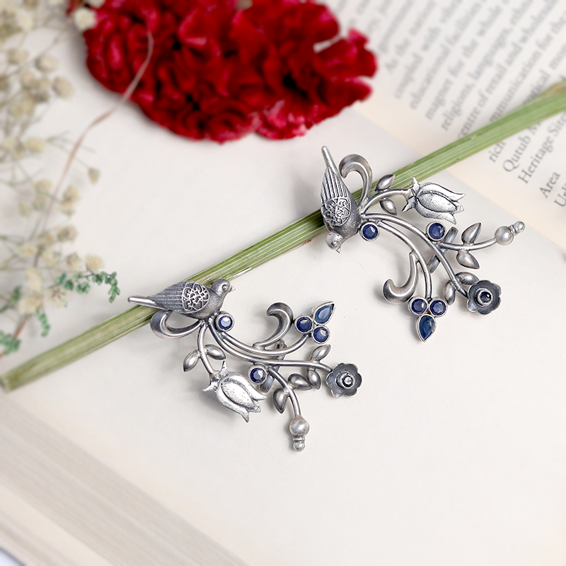 Designer Oxidized Silver Floral Ear Cuff with Artistic Backdrop – Elegant Statement Jewellery for Festive Celebrations