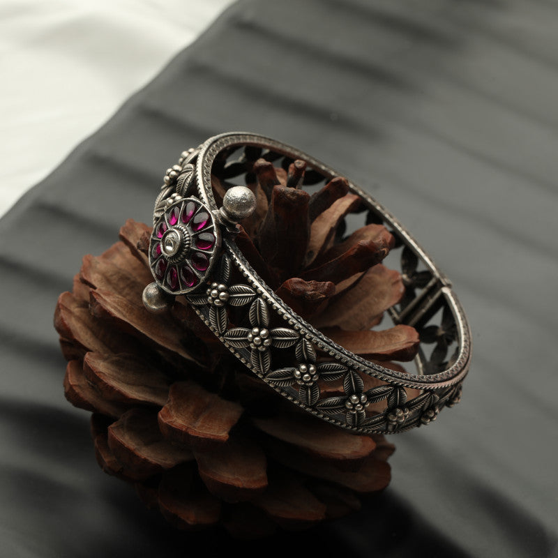 925 Oxidized Silver Floral Kada – ethnic jewelry kada for weddings and festive wear