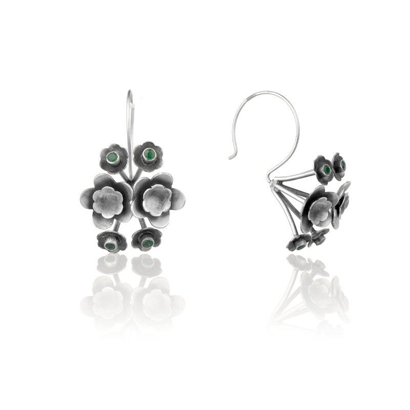 Oxidized Silver Flower Hook Earrings Close-Up – Intricate 925 Silver Floral Design Jewellery for Festive and Ethnic Wear