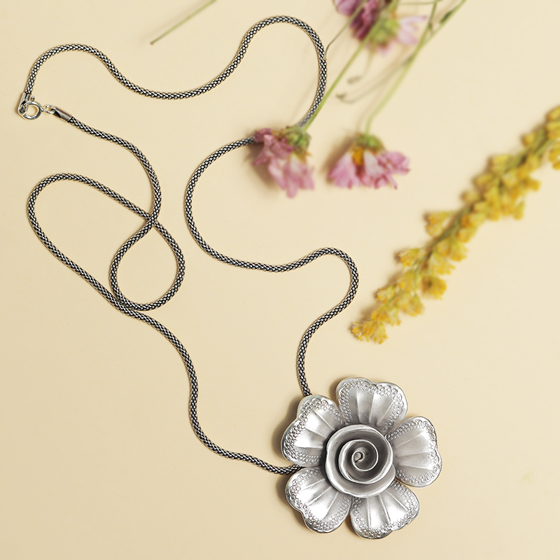 Designer Oxidized Silver Flower Pendant with Nature Inspired Backdrop – Traditional Jewellery for Festive Celebrations