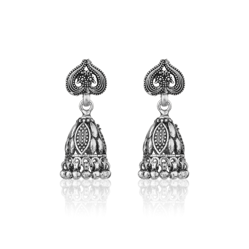 Oxidized Silver Graceful Jhumka Earrings – Elegant 925 Silver Traditional Jewellery for Women, Perfect for Navratri, Diwali and Wedding Gifting