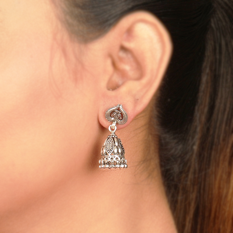 Oxidized Silver Graceful Jhumka Earrings on Model – Classic Ethnic Silver Jewellery for Sarees, Lehengas and Festive Outfits