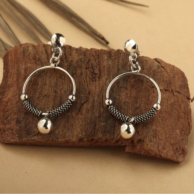 Designer Oxidized Silver Ladybug Dangler Earrings with Ethnic Backdrop – Trendy Silver Jewellery for Festive Celebrations