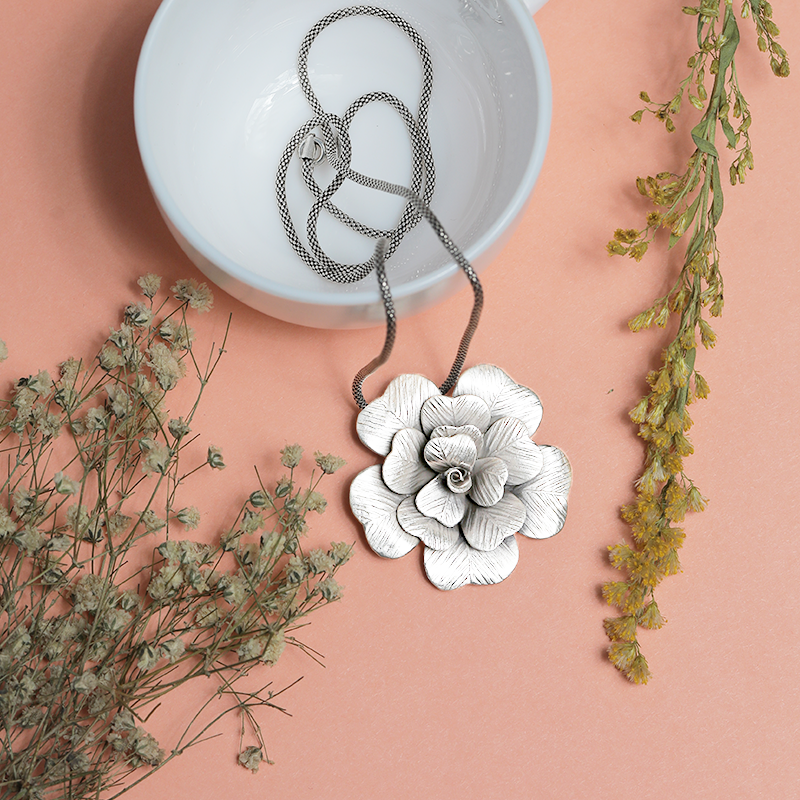 Designer Oxidized Silver Layered Petals Pendant with prop – Traditional Jewellery for Festive Celebrations