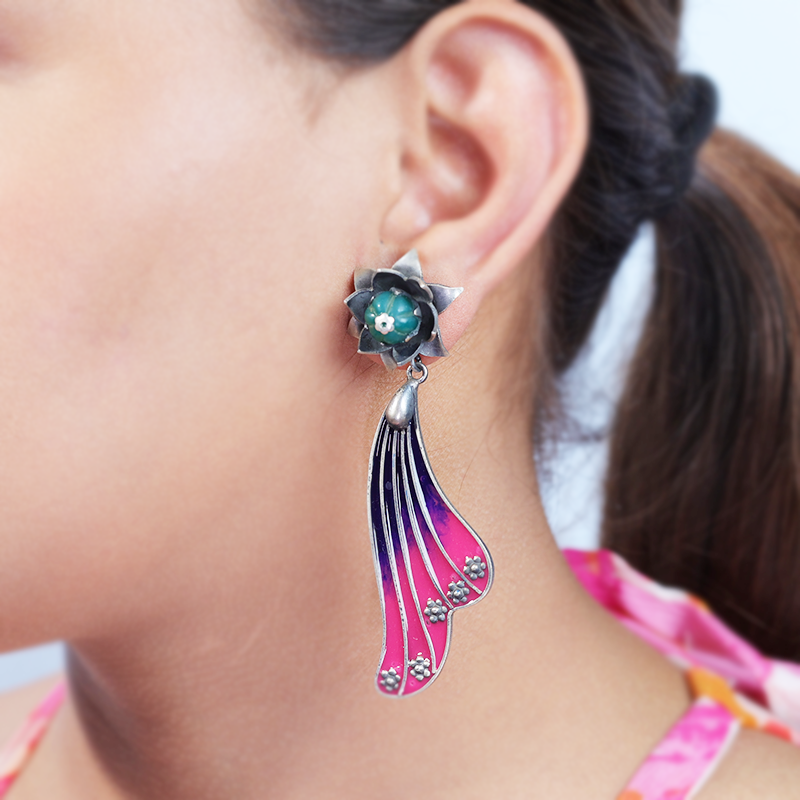 Oxidized Silver Meenakari Earrings on Model – Elegant Festive Earrings with Colorful Enamel Work for Traditional Outfits and Wedding Functions