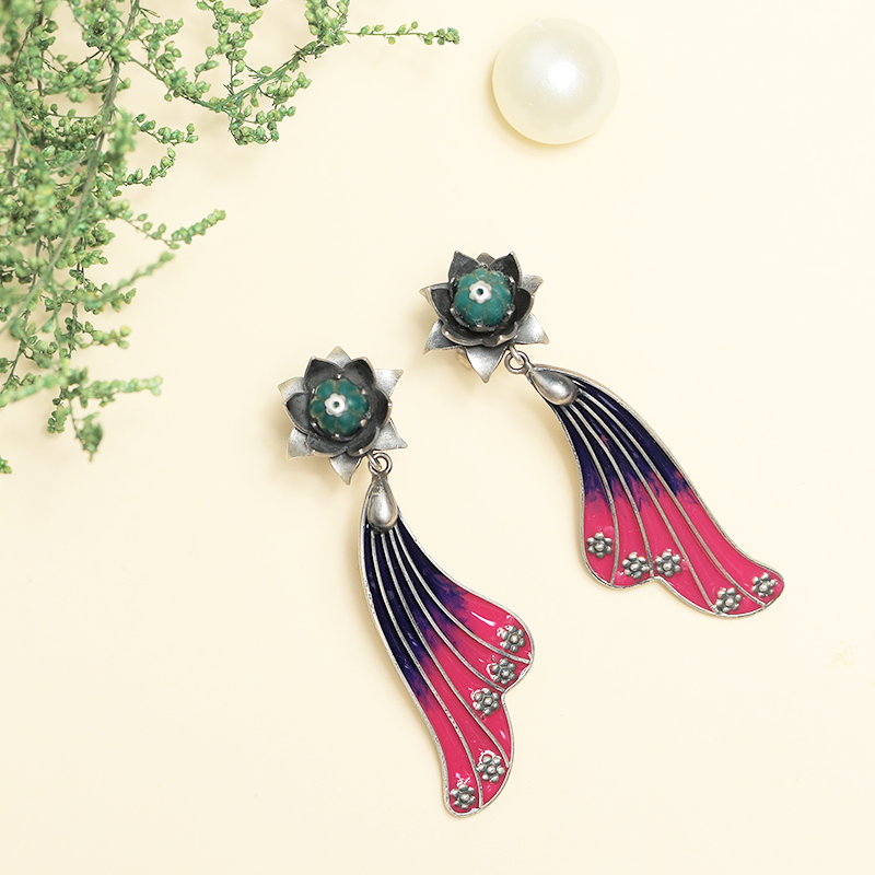 Designer Oxidized Silver Meenakari Earrings with Ethnic Backdrop – Vibrant Silver Jewellery for Festivals and Special Occasions