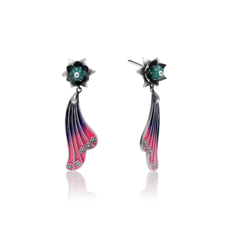Oxidized Silver Meenakari Earrings Close-Up – Handcrafted 925 Silver Jewellery with Intricate Enamel Art for Festive Wear