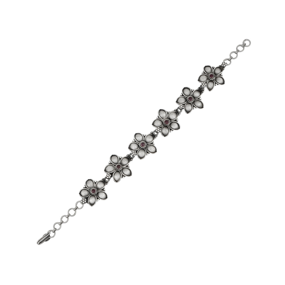 Close-up of oxidized silver Pankhudi bracelet handcrafted finish.