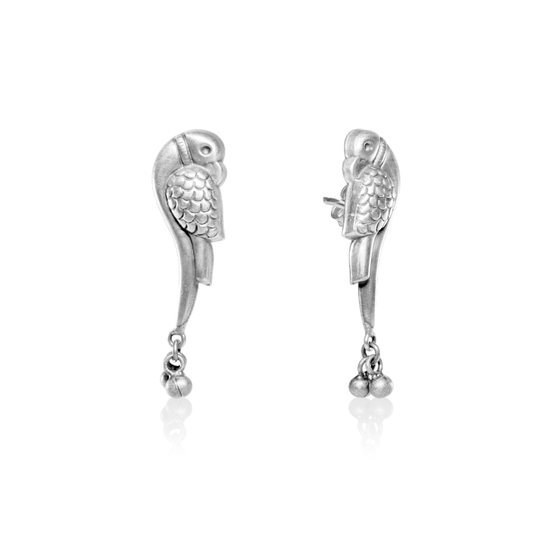 Oxidized Silver Parrot Earrings Close-Up – Detailed 925 Silver Jewellery for Women’s Festive Collection