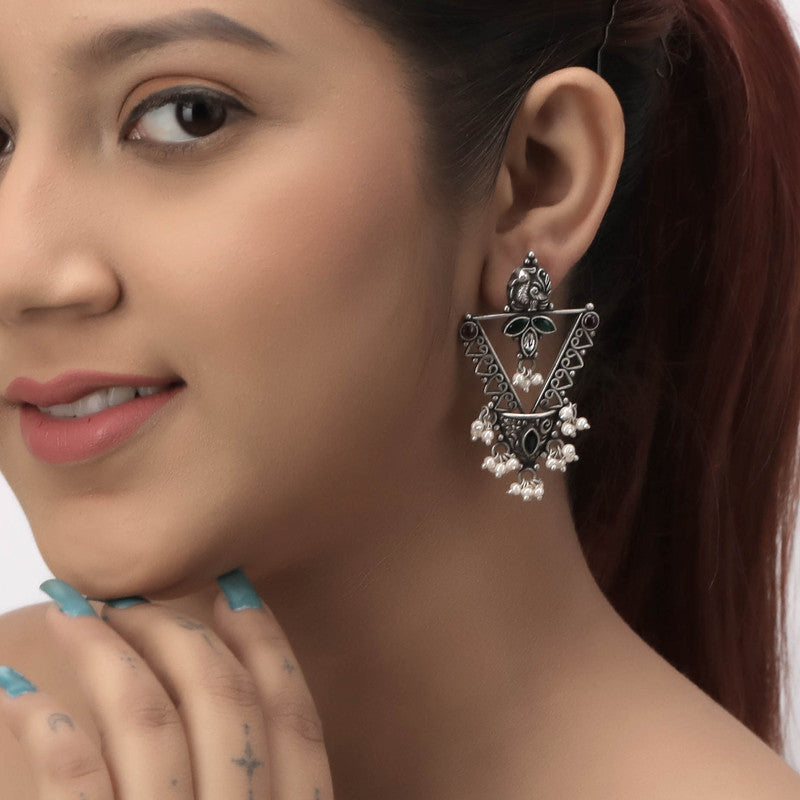 Oxidized Silver Peacock Earrings on Model – Elegant Silver Jewellery for Navratri, Diwali and Wedding Outfit Styling