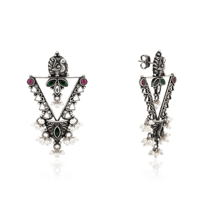 Oxidized Silver Peacock Earrings Close-Up – Detailed 925 Silver Jewellery for Women’s Festive Collection