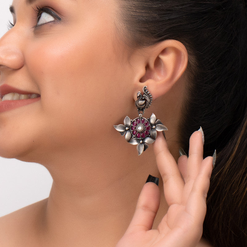 Oxidized Silver Peacock Tassel Earrings on Model – Elegant Silver Jewellery for Navratri, Diwali and Wedding Outfit Styling
