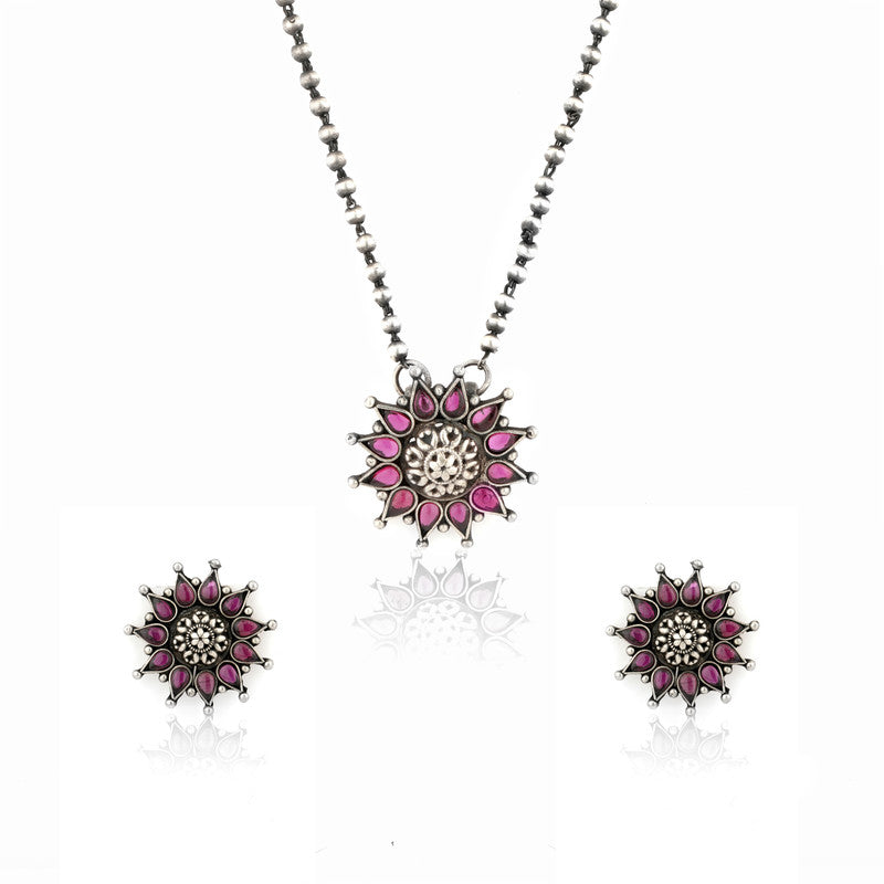 Oxidized Silver Pink Floral Pendant on white background – festive silver jewellery gift for Diwali
