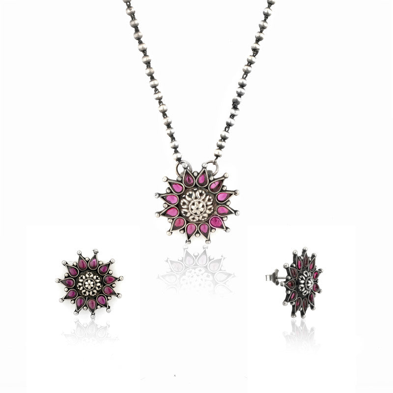 Close-up of Oxidized Silver Pink Floral Pendant – traditional 925 silver jewellery for festivals